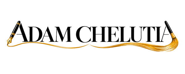 The text 'ADAM CHELUTIA' appears in large black serif letters across a white background, with decorative gold calligraphic flourishes extending from the fountain pen on the left and the paintbrush on the right.